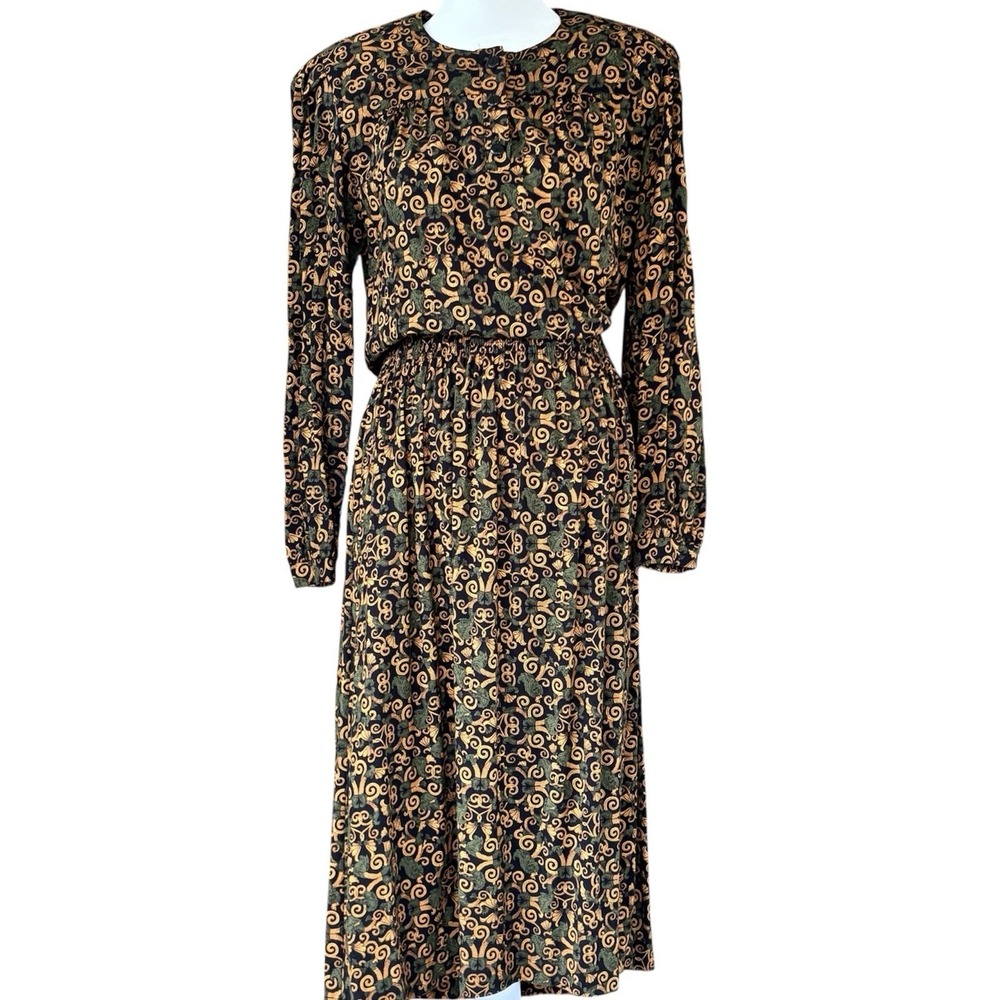Vintage Virgo II Blouson Dress Womens L Black Orange Scroll Modest Smocked Waist